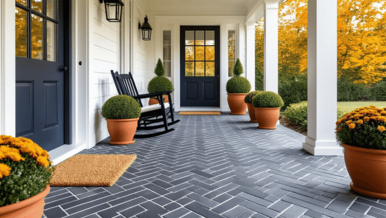 Transform Your Front Porch with These Stunning Tile Patterns (And Why I'll Never Go Back to Plain Concrete) Photorealistic porch with herringbone gray tiles, charcoal navy door, white columns, black Windsor chair, and terracotta planters, bathed in warm golden hour light, showcasing autumn styling and geometric patterns.