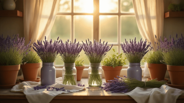 Lavender Flowers: Everything You Need to Know About Growing, Styling, and Using Nature's Purple Perfection Sun-drenched farmhouse kitchen at golden hour with fresh lavender in Mason jars and terracotta pots on a weathered oak table, featuring warm light and a soft color palette.