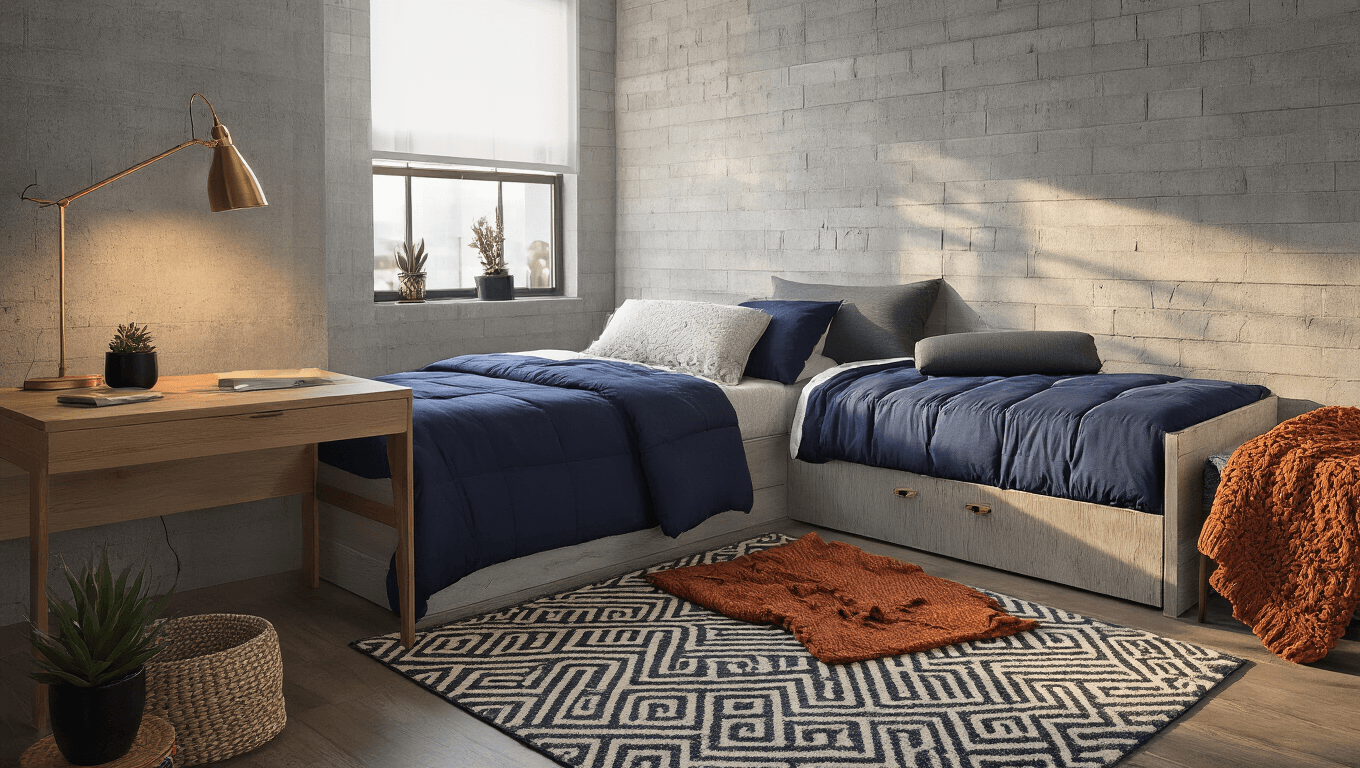 Dorm Room Ideas for Guys That Actually Look Good (No Pinterest Clichés Required) Wide-angle shot of a modern masculine dorm room with a navy comforter, geometric rug, cinderblock walls, wooden desk, and warm ambient lighting.
