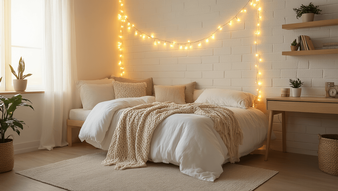 Transform Your Dorm Room into an Instagram-Worthy Haven (Without Breaking the Bank) A cozy minimalist dorm room featuring a styled twin XL bed with white and cream linens, textured pillows, and a knit blanket, illuminated by warm LED string lights on cinder block walls. A wooden desk by a sunlit window, light oak shelves with plants and books, and a plush area rug complete the inviting atmosphere.