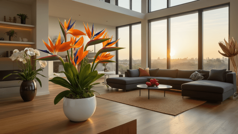 Exotic Flowers: How I Learned to Bring Paradise Into My Living Room (Without Killing Everything) Cinematic wide-angle shot of a modern living room at golden hour, showcasing vibrant Bird of Paradise and orchids, with natural light highlighting rich textures and sleek decor.