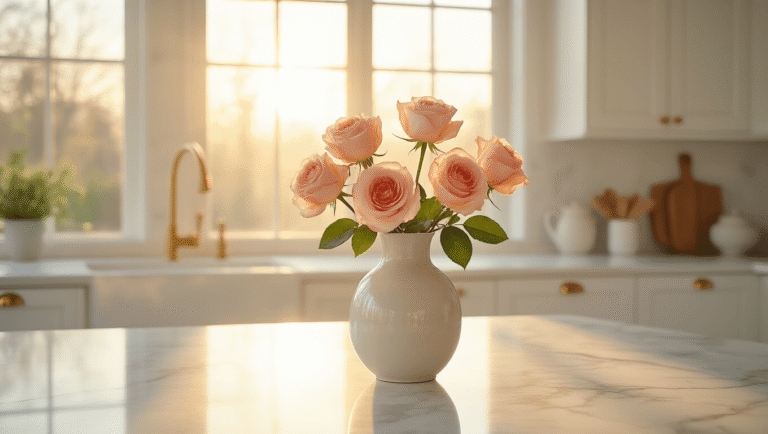 How to Create Stunning Rose-Themed Morning Displays That Transform Your Home Into a Daily Sanctuary A sunlit modern kitchen featuring a white marble island and a ceramic vase with soft pink and peach roses, showcasing warm light, clean white cabinets, and polished brass fixtures.
