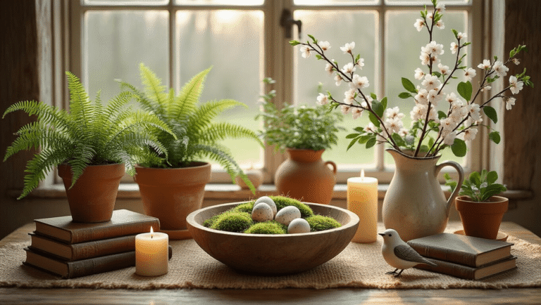 Rustic Spring Decor That'll Make Your Home Instagram-Famous (Without Breaking the Bank) Cinematic overhead view of a rustic spring tablescape featuring a weathered wooden dough bowl with moss and speckled eggs, aged terracotta pots with ferns, a vintage ironstone pitcher with cherry blossoms and eucalyptus, cream beeswax candles, aged leather books, and a ceramic bird figurine on a natural jute runner, all lit by warm golden hour light.