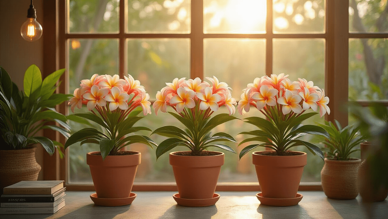 Plumeria Flowers: Everything You Need to Know About Growing These Intoxicatingly Fragrant Blooms Cinematic sunroom filled with warm golden hour light, showcasing vibrant coral-pink and cream plumeria blooms in rustic terracotta planters on polished concrete floors, accented by minimalist decor and reclaimed wood elements.