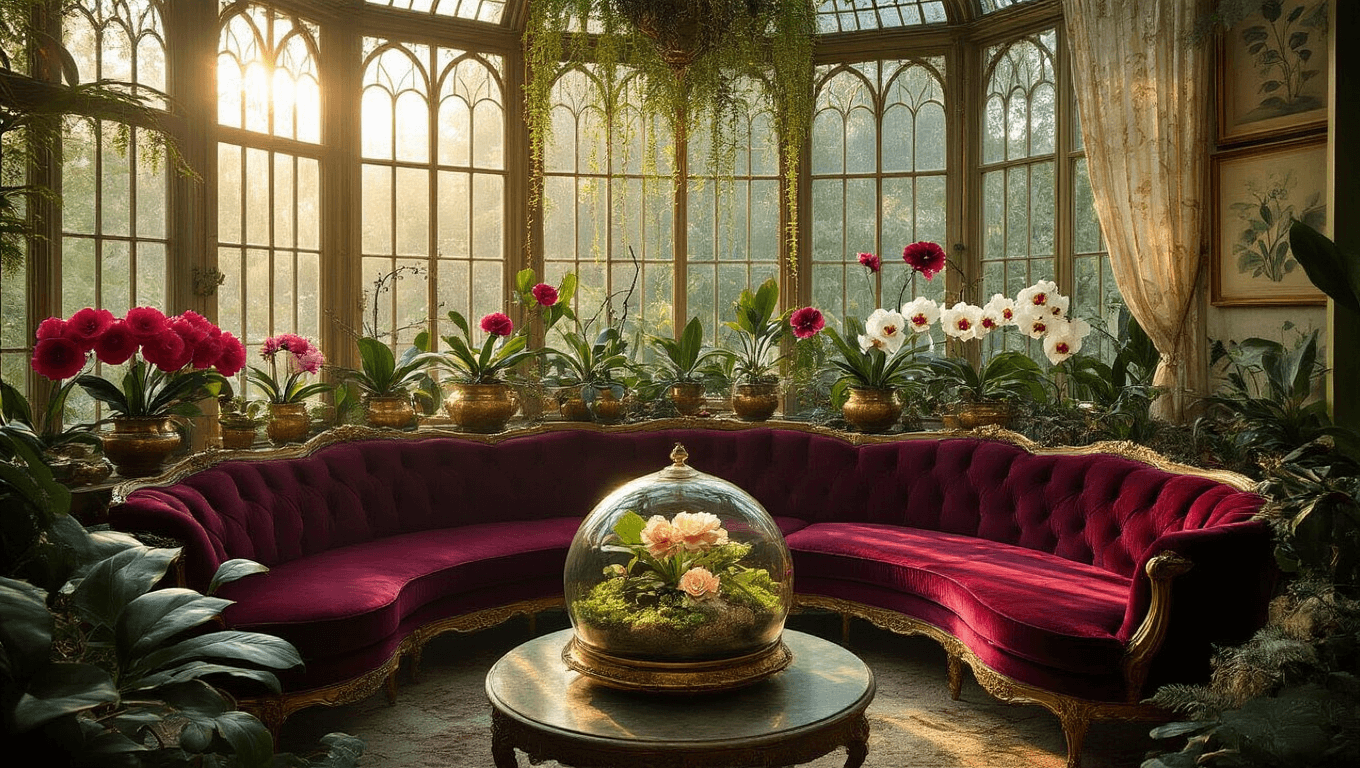The World's Rarest Flowers: A Guide to Nature's Most Elusive Blooms Cinematic interior of a lush conservatory, featuring rare camellias and ghost orchids under golden hour sunlight, with a burgundy velvet sofa and vintage brass accents, creating a romantic botanical atmosphere.