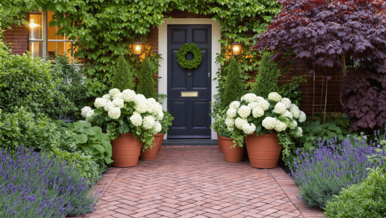 Front Garden Ideas That Actually Make Your Neighbors Stop and Stare Victorian front garden entrance with a charcoal door, terracotta planters filled with white hydrangeas and ivy, herringbone brick pathway bordered by catmint and lavender, illuminated by warm solar lights, featuring a burgundy Japanese maple and climbing roses, captured during golden hour.