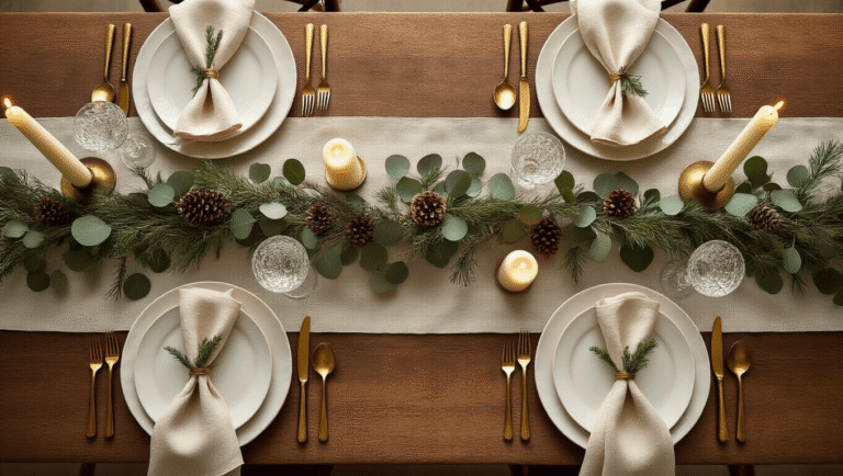 Winter Table Decor That Actually Looks Expensive (But Costs Next to Nothing) Elegant winter dining table decorated with a cream linen runner, white ceramic plates, crystal glassware, and eucalyptus garland, featuring taper candles in mismatched brass holders.