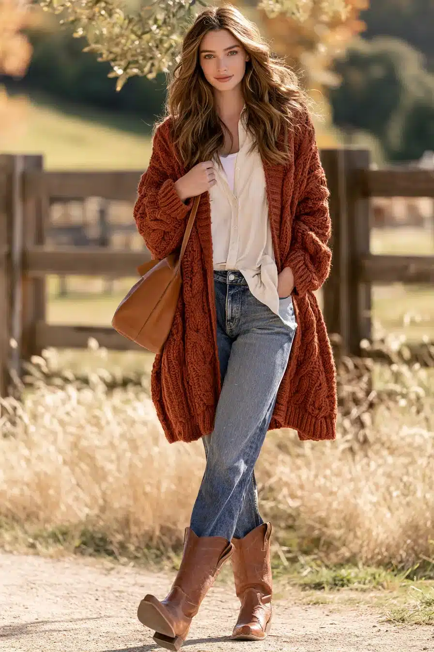 27 Cute Western Fall Outfits With Boots Denim and Cozy Layers