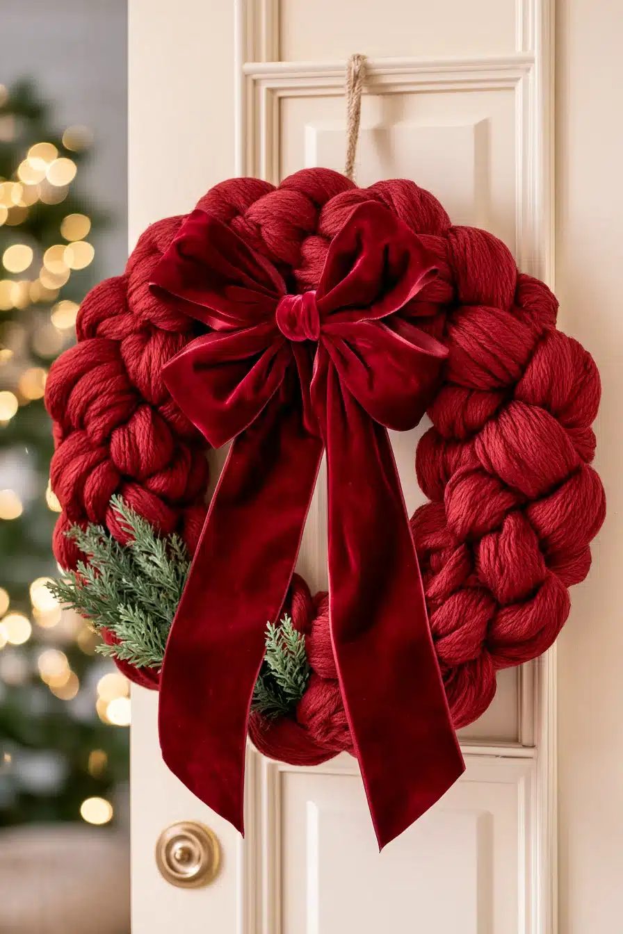27 Cozy Christmas Yarn Wreaths to Make Your Front Door Feel Festive