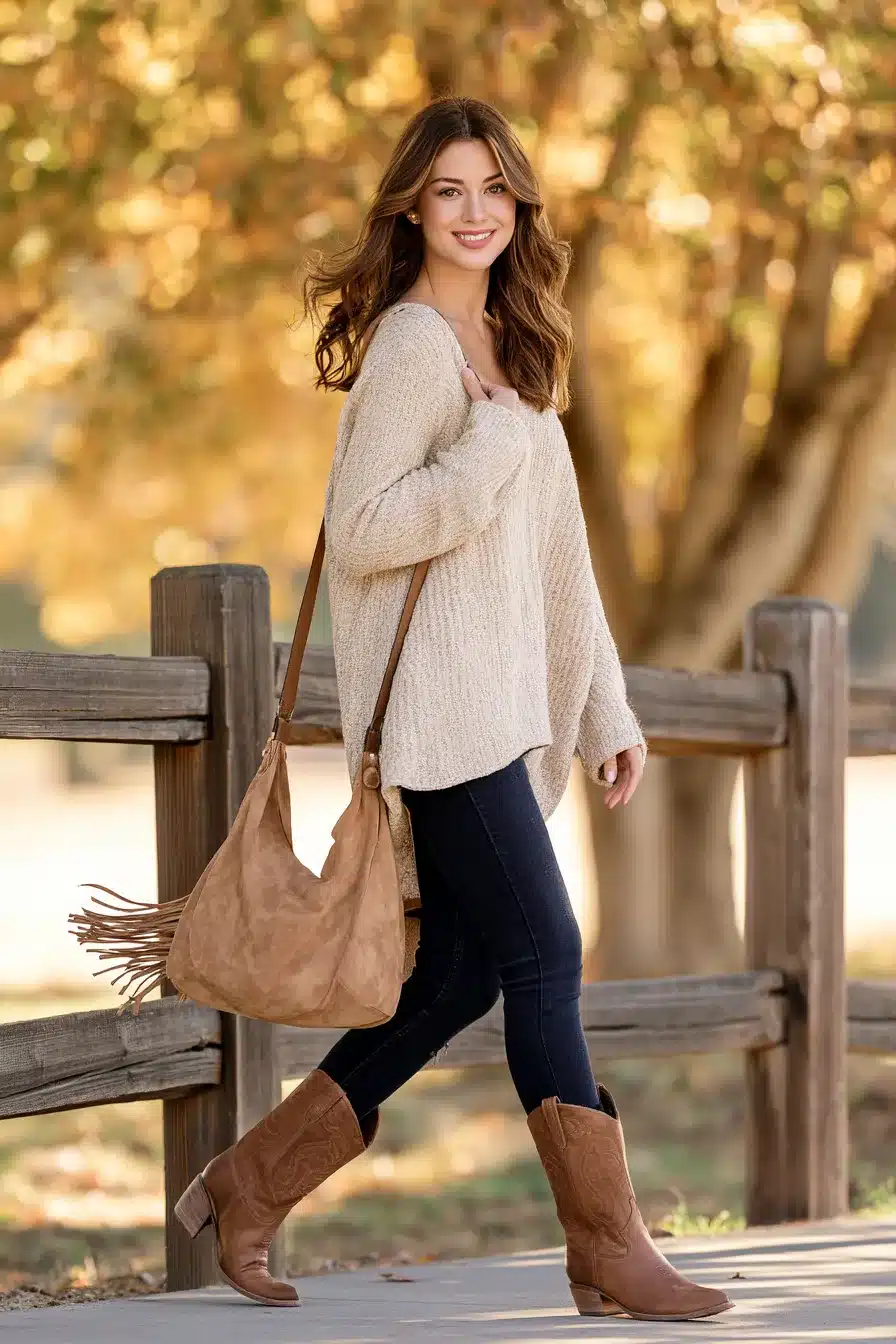 27 Cute Western Fall Outfits With Boots Denim and Cozy Layers