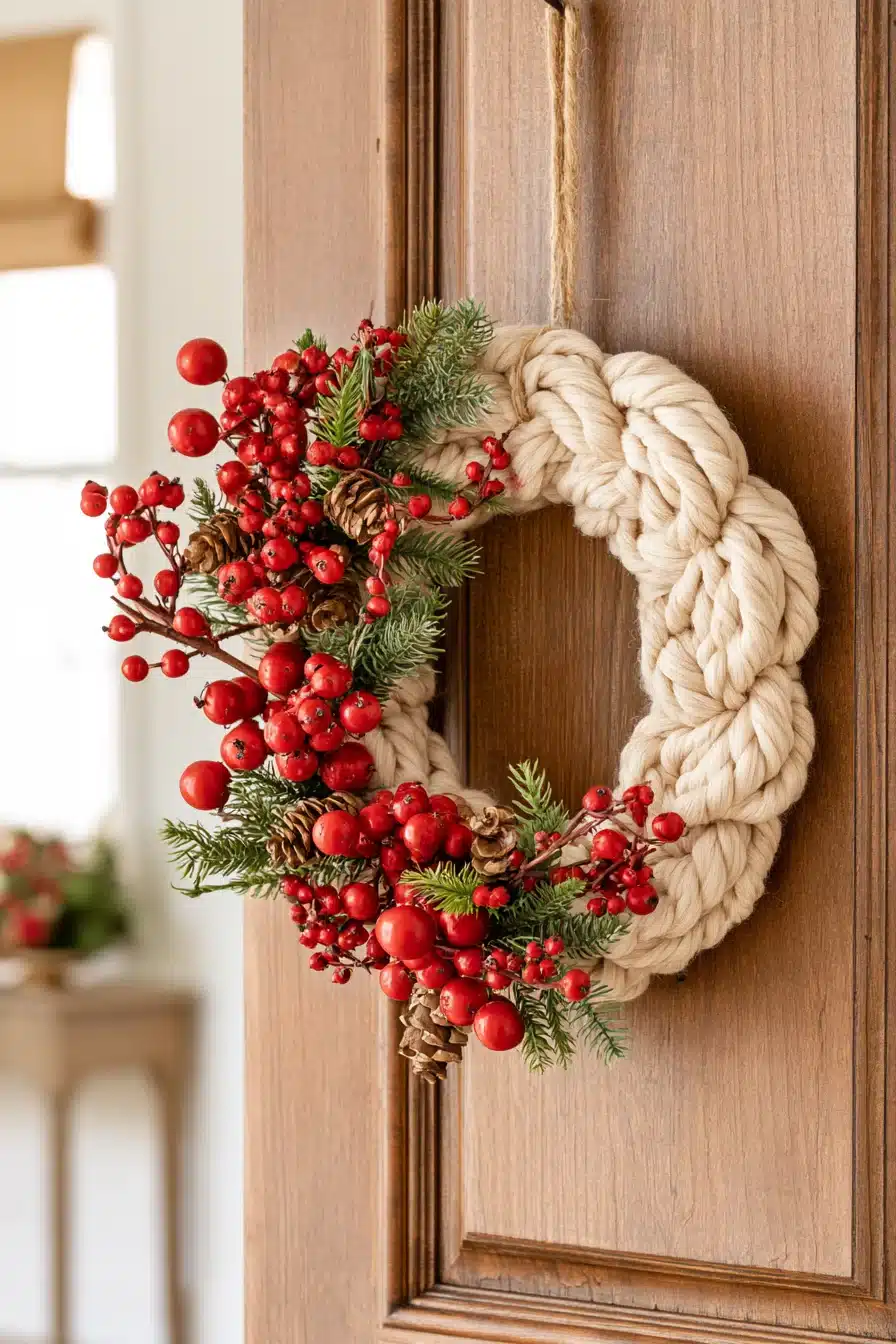 27 Cozy Christmas Yarn Wreaths to Make Your Front Door Feel Festive