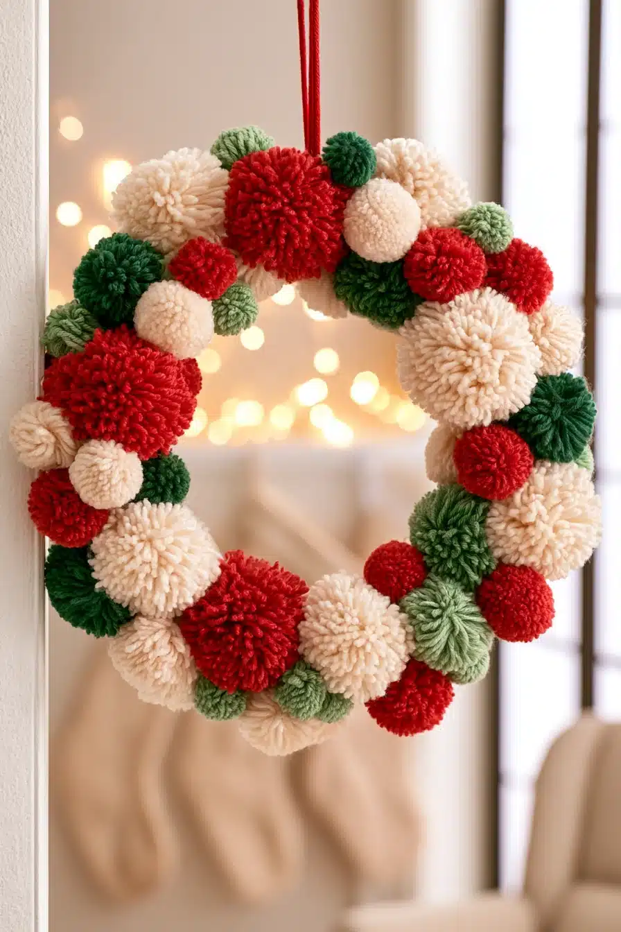 27 Cozy Christmas Yarn Wreaths to Make Your Front Door Feel Festive