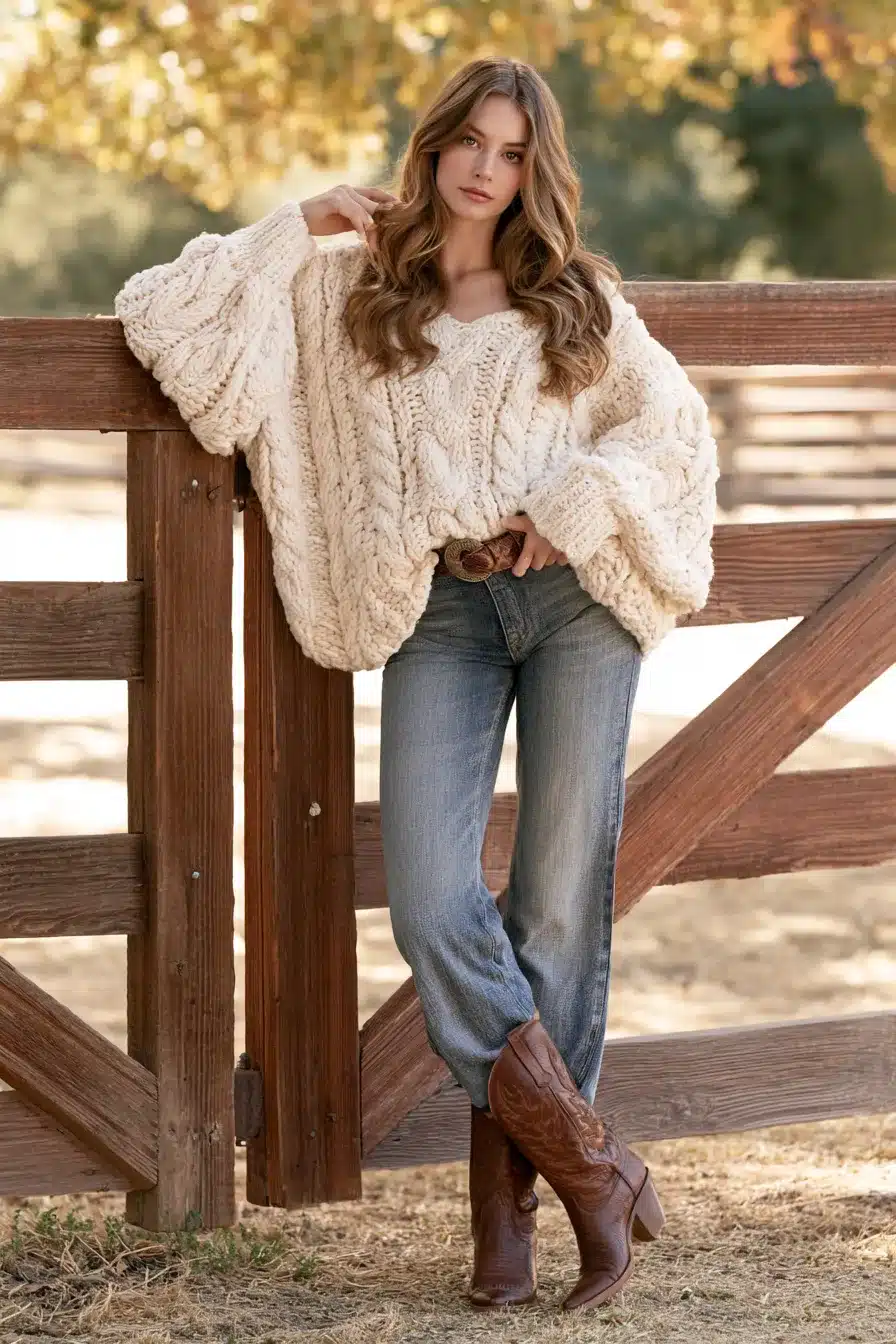27 Cute Western Fall Outfits With Boots Denim and Cozy Layers
